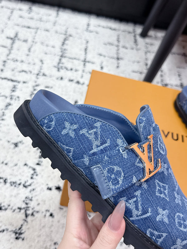 LV Cosy Comfort Mules Blue Monogram Denim 616996