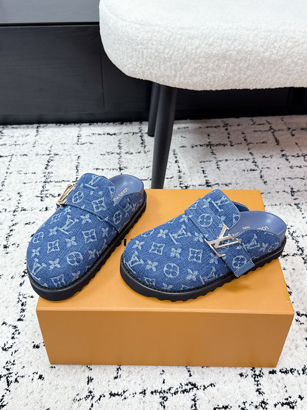 LV Cosy Comfort Mules Blue Monogram Denim 616996
