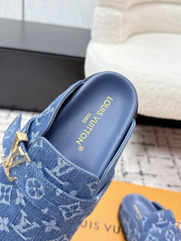 LV Cosy Comfort Mules Blue Monogram Denim 616996