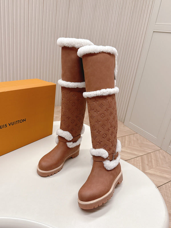 LV 2026 Territory Flat Thigh Boot Brown White Nubuck Calf Leather 595432