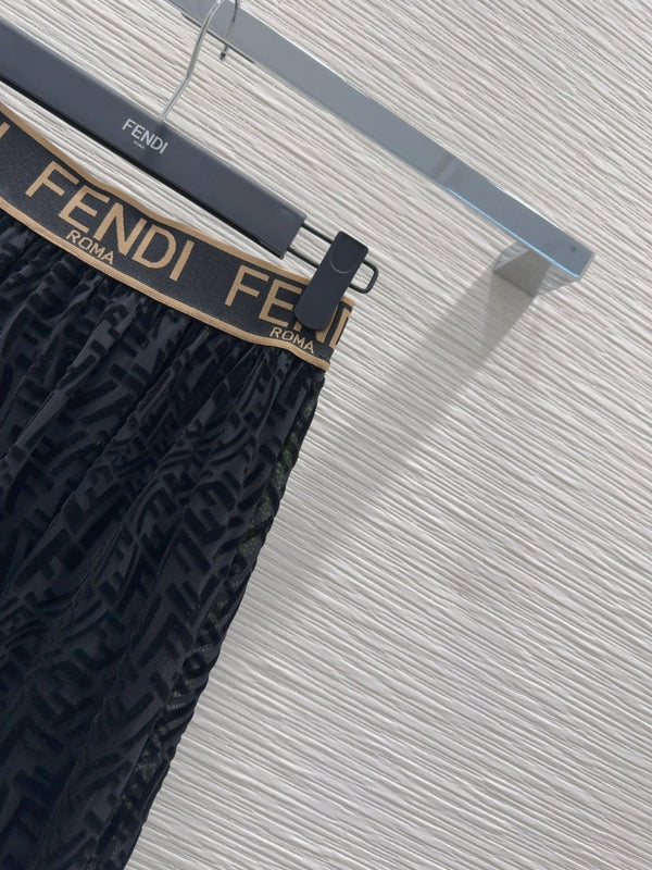Fendi 2025 Long Pleated Lace Dress Black Polyester