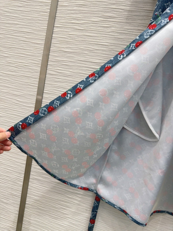 LV 25S Cherry Printed Dress Blue Red Poliester