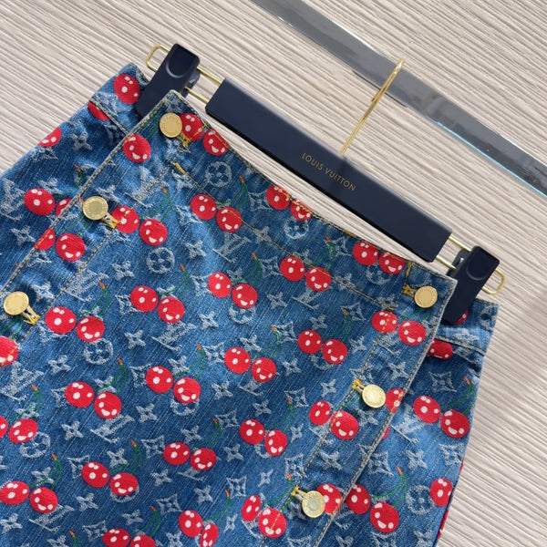 LV 25 Cherry Denim Skirt Blue Cotton