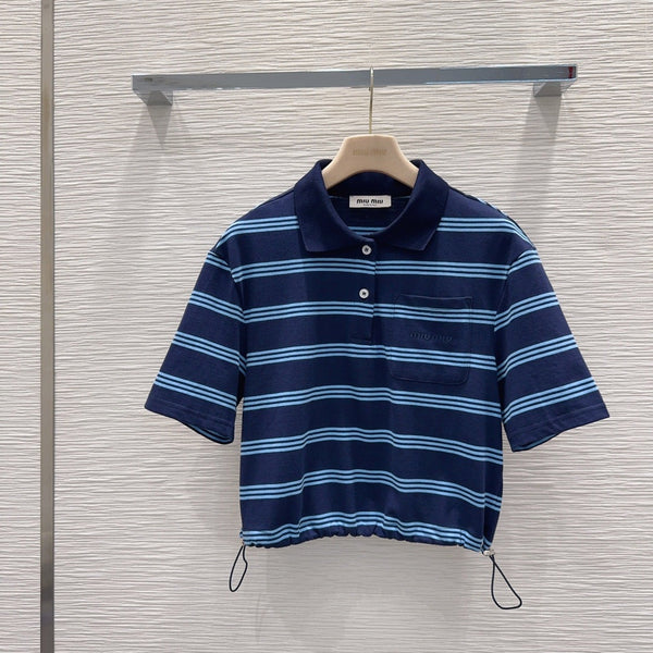 Miu 26s Set Striped Polo Top Short Khahi Blue Cotton 394883