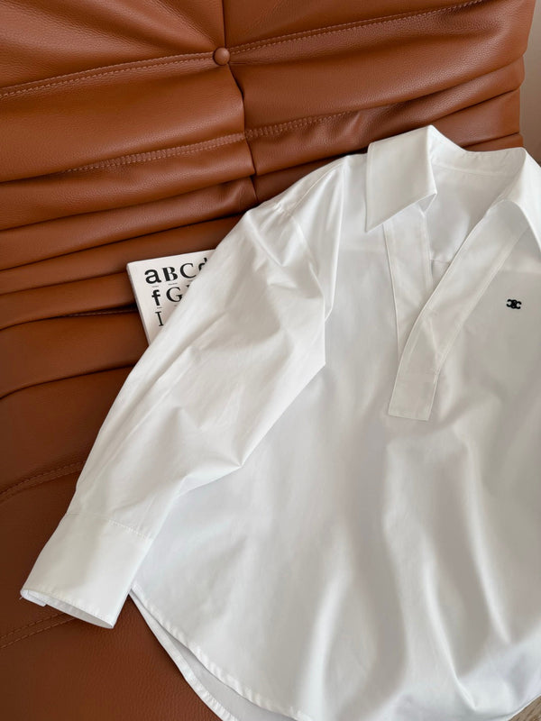 Celine 25 Arc de Triomphe Logo Embroidered V-neck Shirt White Cotton