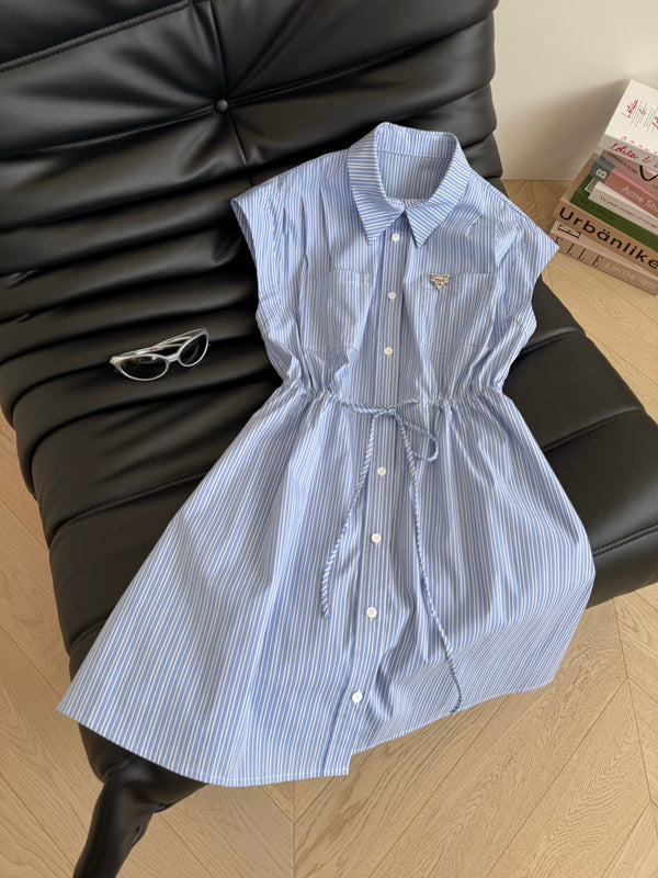 LV 25 Triangle Metal Logo Decorated Dress White Blue Cotton