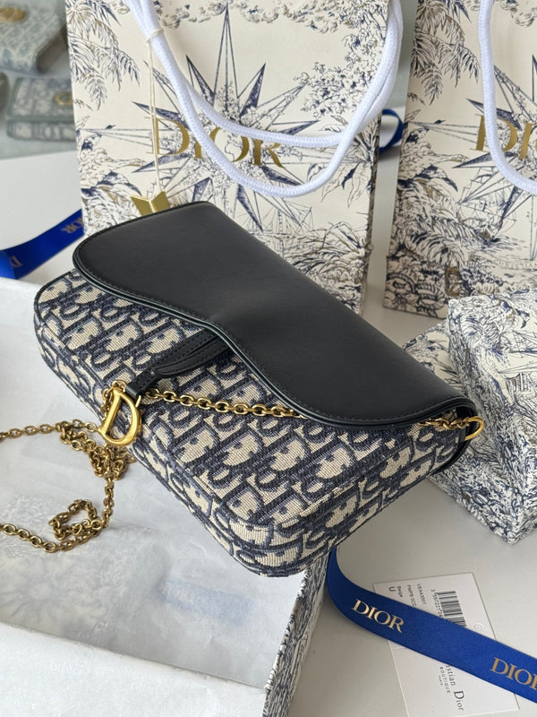 CD S5907CNKO Medium Saddle Pouch with Chain 21.5cm Blue Jacquard Cowhide GHW