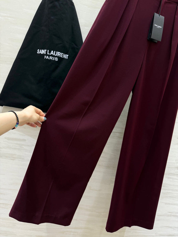 YSL 26S Burgundy Pleated Wide Leg Trousers 428261