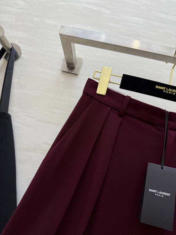 YSL 26S Burgundy Pleated Wide Leg Trousers 428261