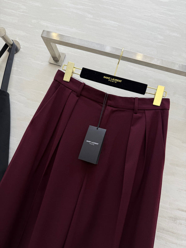 YSL 26S Burgundy Pleated Wide Leg Trousers 428261