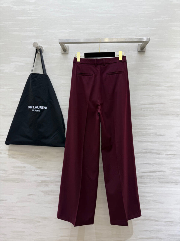 YSL 26S Burgundy Pleated Wide Leg Trousers 428261