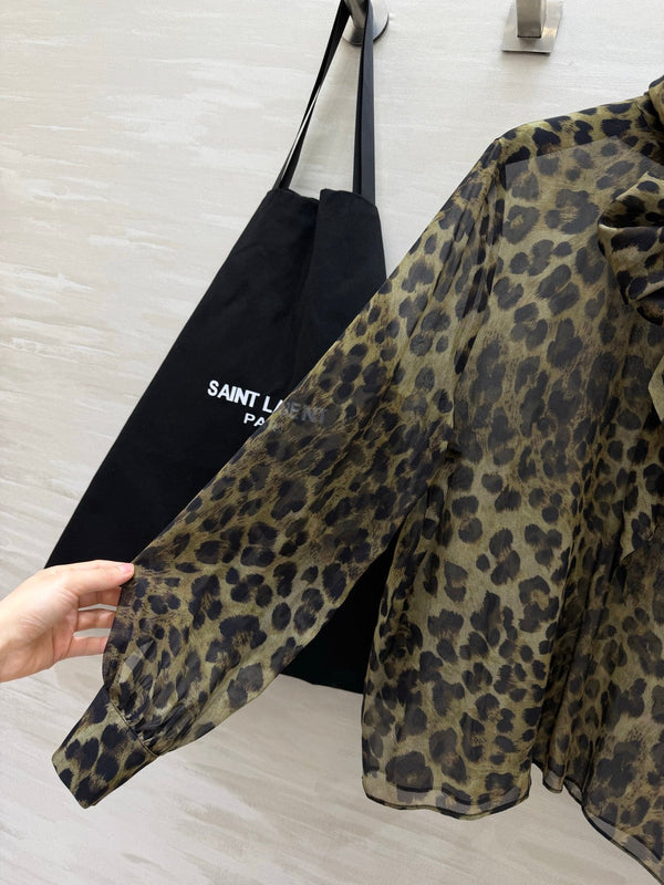 YSL Lavallière Leopard-Print Blouse Black Silk 397066