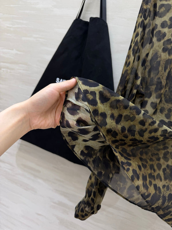 YSL Lavallière Leopard-Print Blouse Black Silk 397066