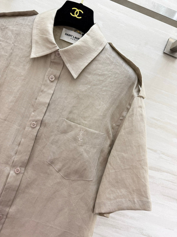 YSL 26s Short-Sleeve Shirt Cream Linen 397024