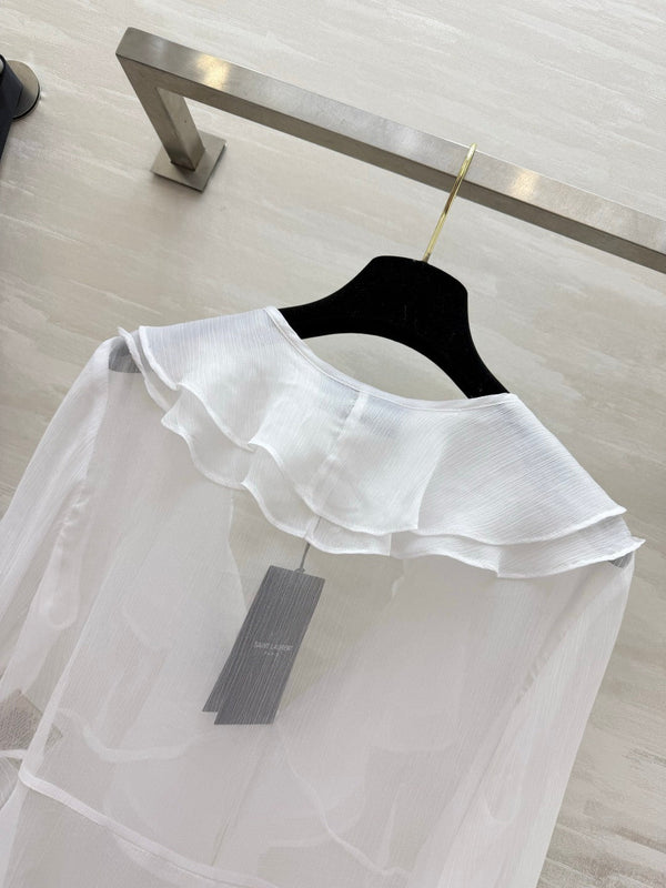 YSL 26s V-neck Ruffle Top White Mesh 396986