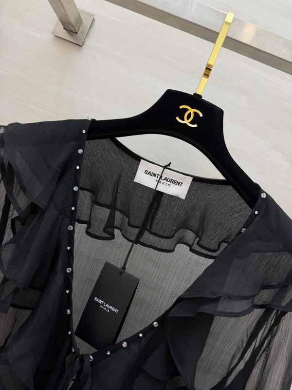 YSL 26s V-neck Ruffle Top Black Mesh 396988