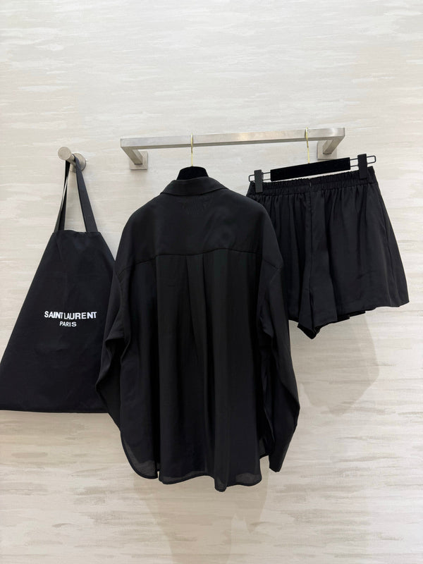 YSL 26s Long-Sleeved Silk Shirt Set Black 398906