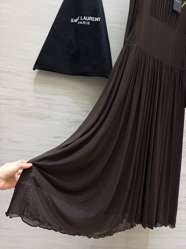 YSL 26S Pleated Silk Georgette Maxi Dress 428211