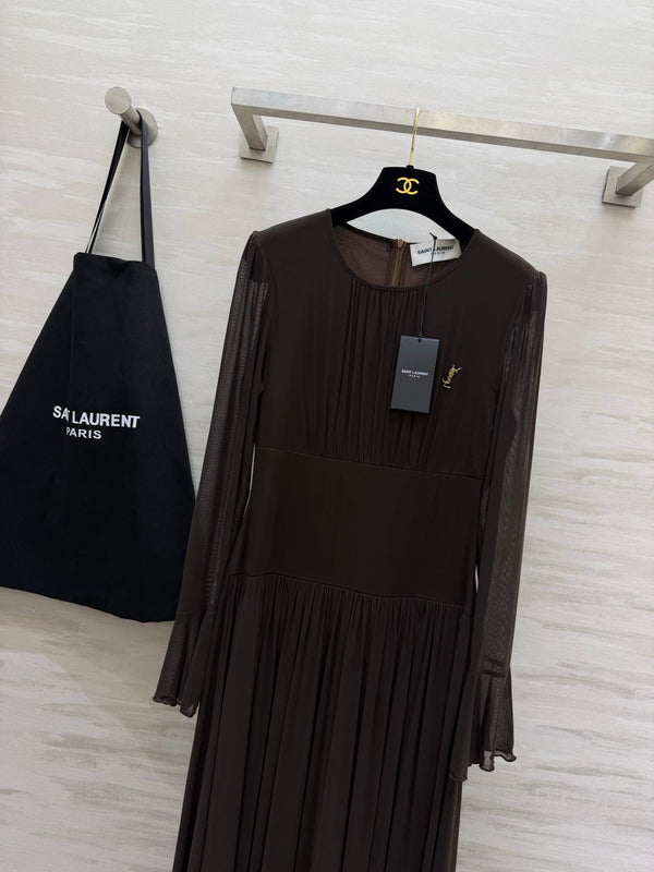 YSL 26S Pleated Silk Georgette Maxi Dress 428211