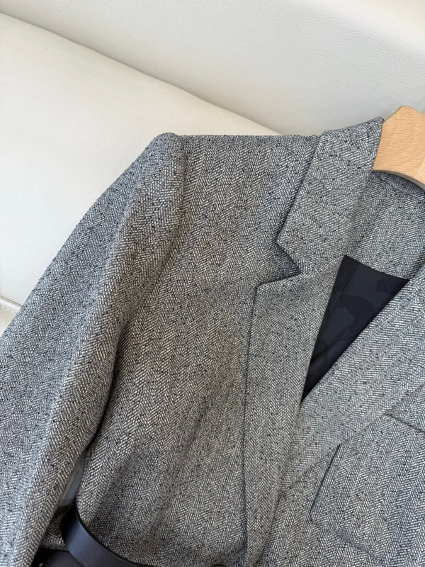 Chanel 2025 Blazer With Belt Gray Black Polyester Wool