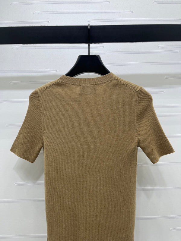 Prada Round Neck Knit Short-Sleeve Top Camel Wool 351040