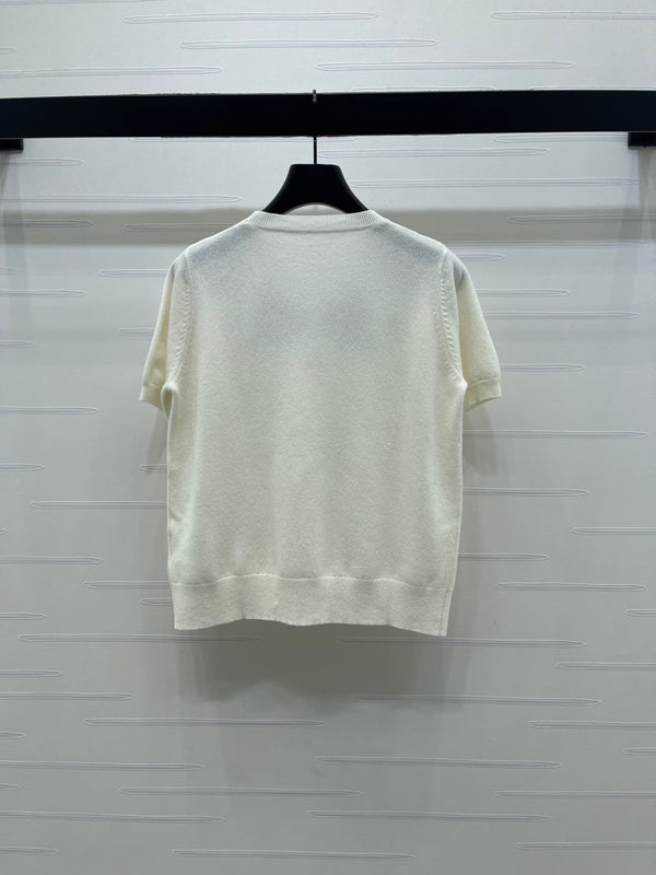 CD SS26 Beaded Floral Knit Top Ivory Wool 351068