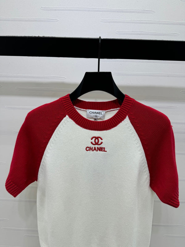 CC Short Sleeve Knitted Sweater White Red Cashmere Wool 351023