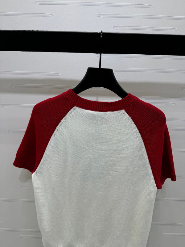 CC Short Sleeve Knitted Sweater White Red Cashmere Wool 351023