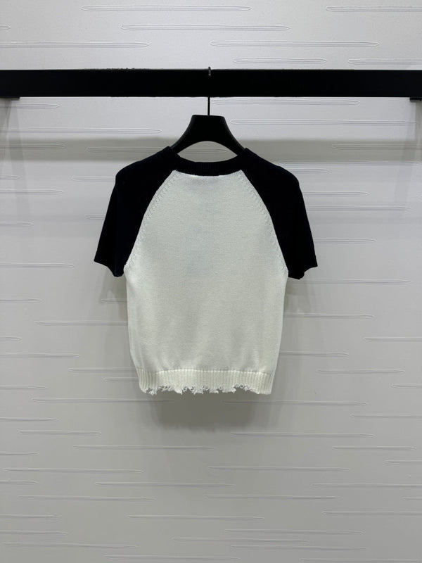 CC Short Sleeve Knitted Sweater White Black Cashmere Wool 351022