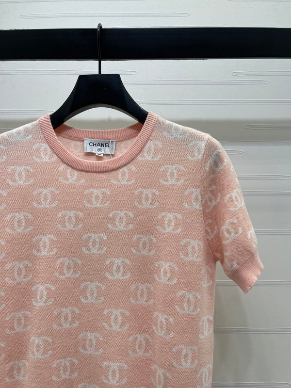 CC 26sJacquard Knit Short-Sleeved Cardigan Pink Wool 344125