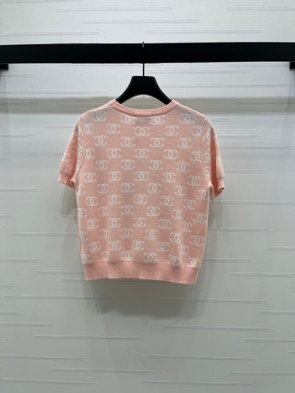 CC 26sJacquard Knit Short-Sleeved Cardigan Pink Wool 344125