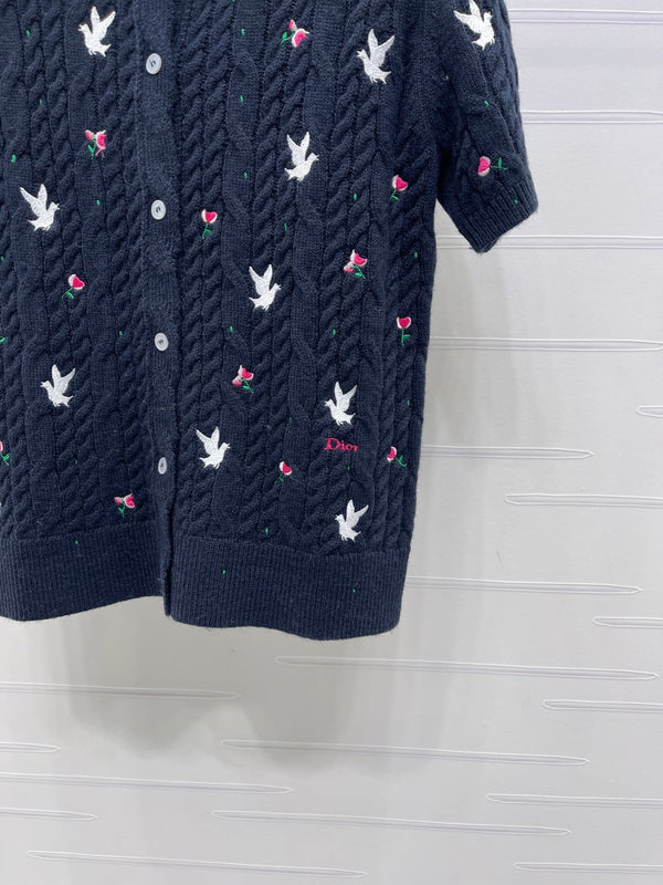 CD SS26 Embroidered Knit Polo Shirt Bird Rose Navy Blue Cashmere 351083