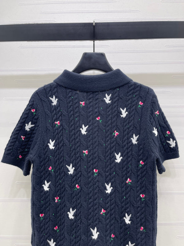 CD SS26 Embroidered Knit Polo Shirt Bird Rose Navy Blue Cashmere 351083