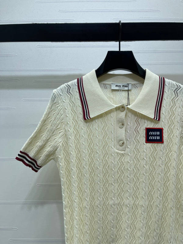 Miu Knit Short-Sleeved Cream Burgundy Tencel Wool 380755