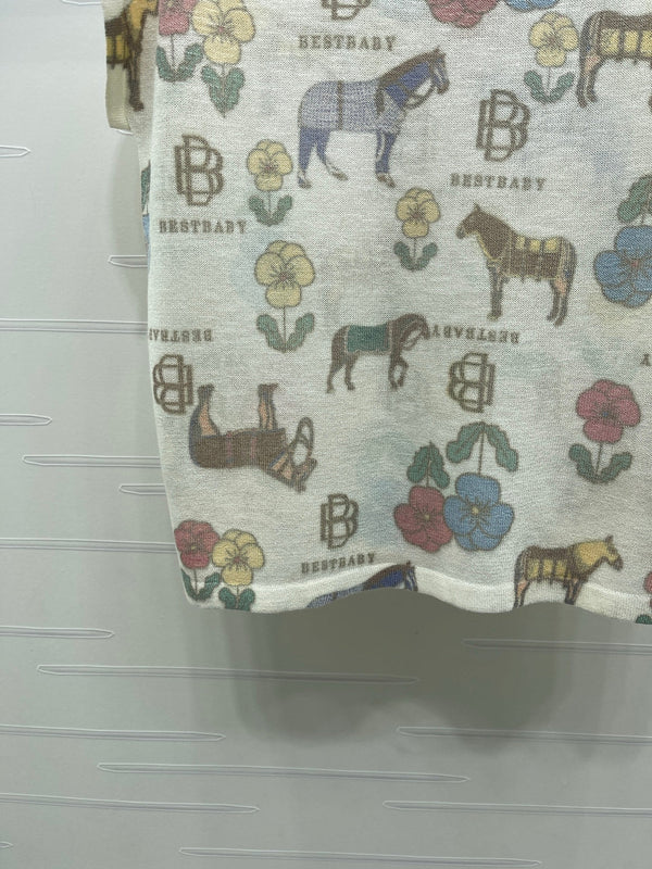 CD Short-Sleeved Top Floral Animal Pattern Cream Cotton 380762