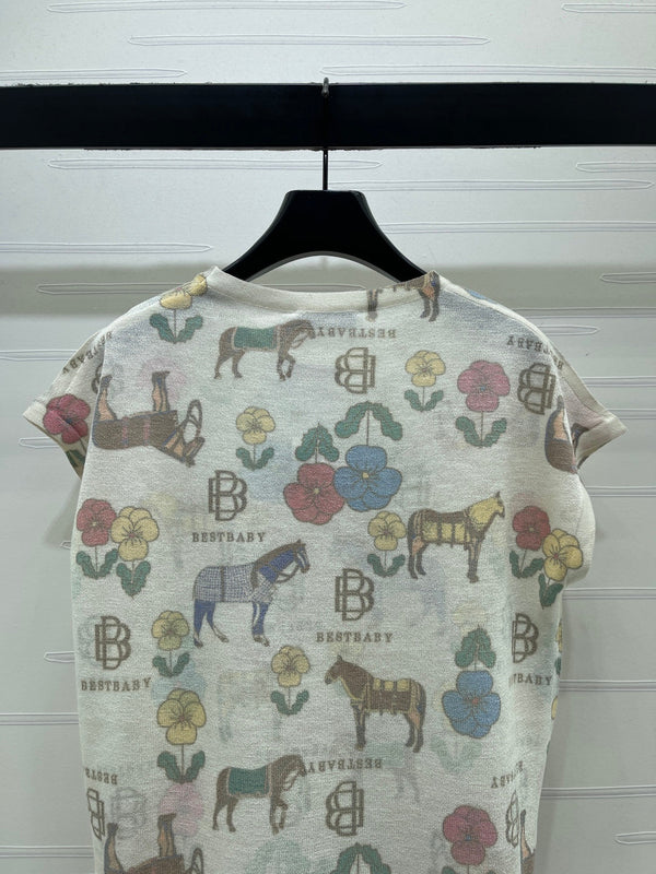 CD Short-Sleeved Top Floral Animal Pattern Cream Cotton 380762