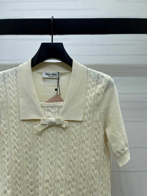 Miu Cable Knit Short-Sleeved Shirt Linen Silk