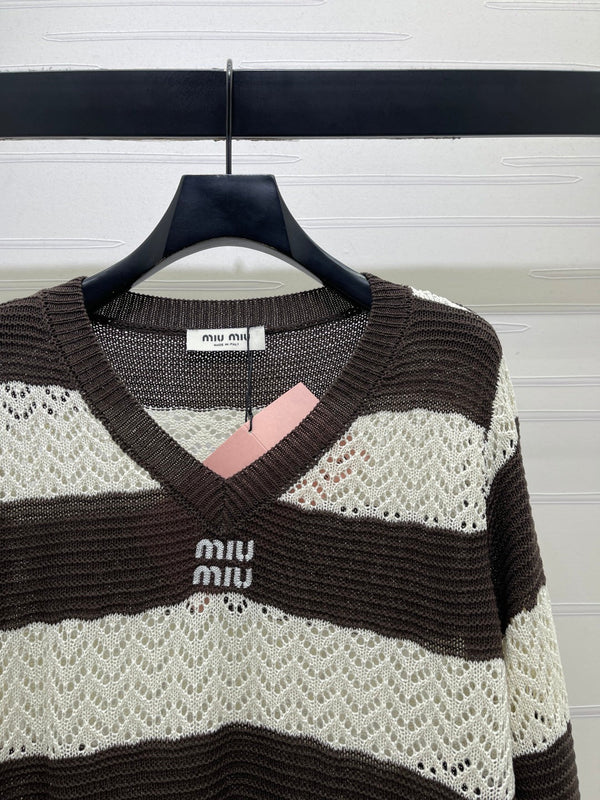 Miu 26s Striped Collar Knit Long Sleeve Cream Brown Wool 423899