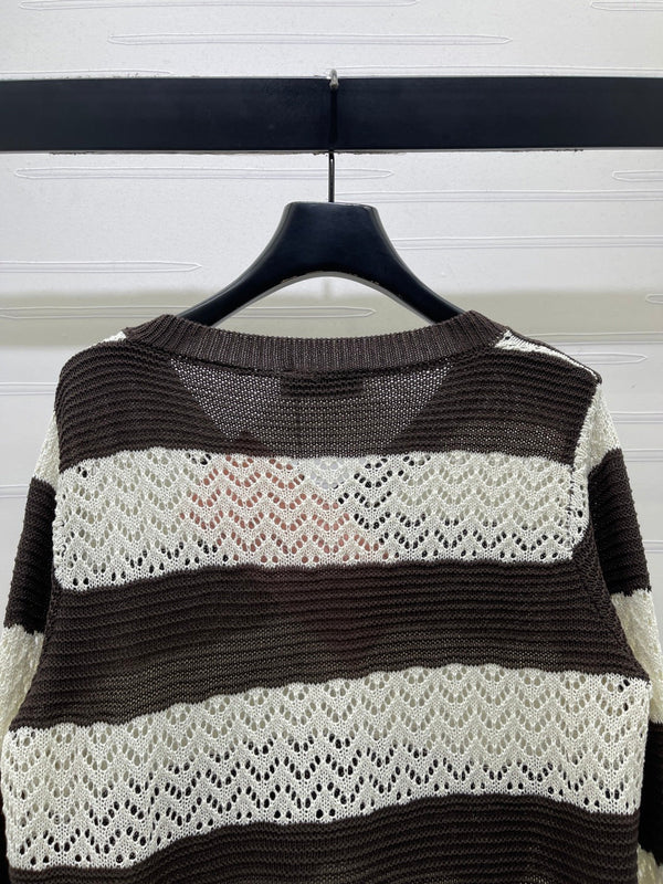 Miu 26s Striped Collar Knit Long Sleeve Cream Brown Wool 423899