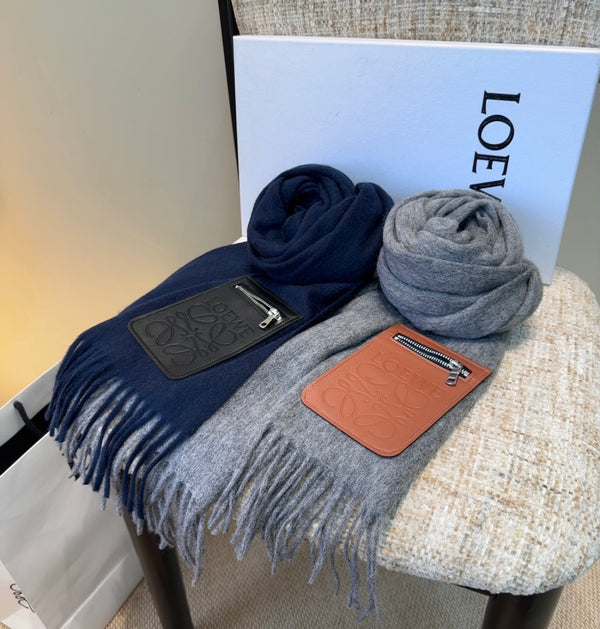 Loewe Scarf 180CM Dark Blue Mix Black Wool-blend Leather 969503