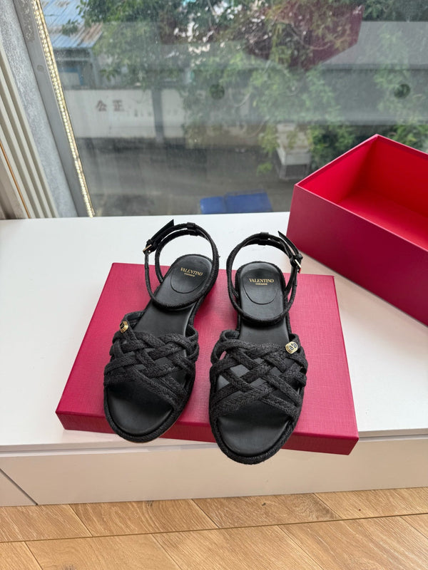 VLTN Bribri Espadrille Sandals Black Raffia Leather 933617