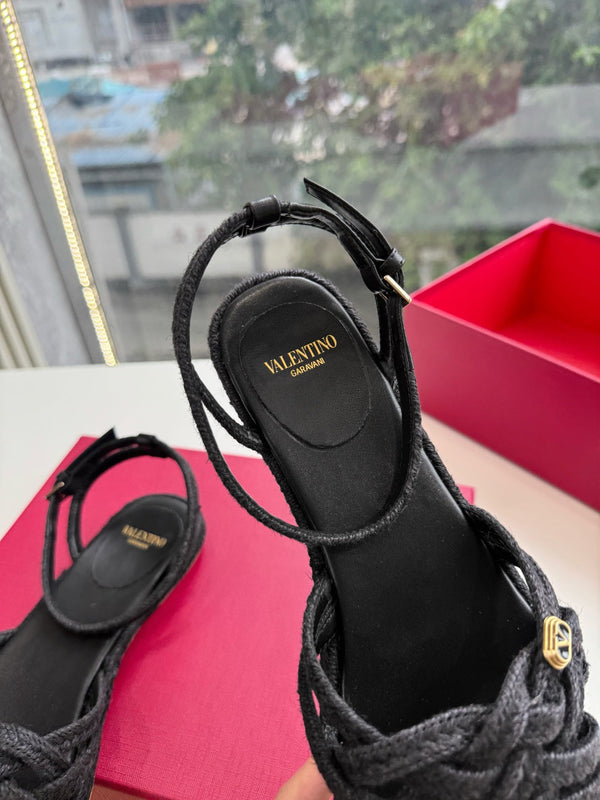 VLTN Bribri Espadrille Sandals Black Raffia Leather 933617
