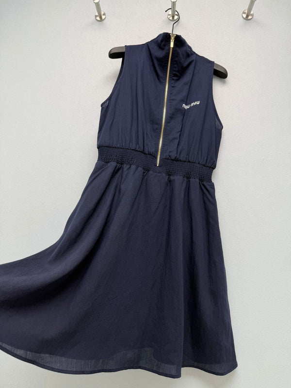 Miu Collar Zipper Sleeveless Waist-Cinching Dress Navy Linen 394354