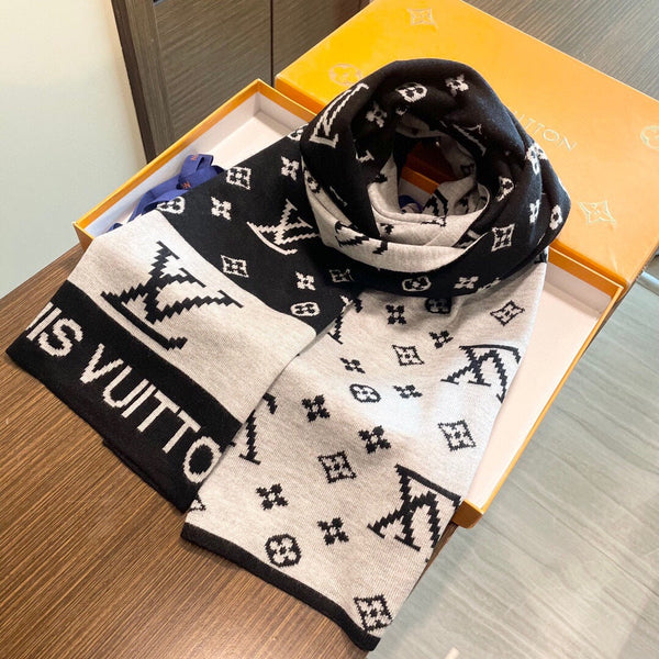 LV 25s Scarf 200cm Black Light Gray Cashmere 973132