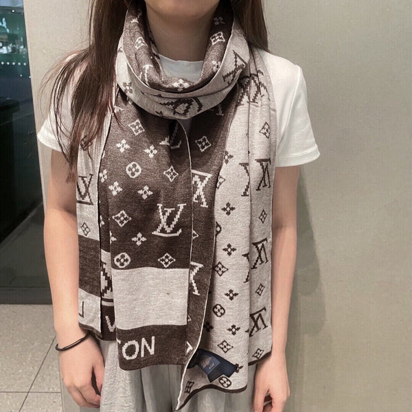LV 25s Scarf 200cm Brown Light Gray Cashmere 973133