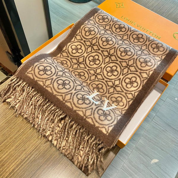 LV 25s Scarf 200cm Brown Beige Woolen 973138