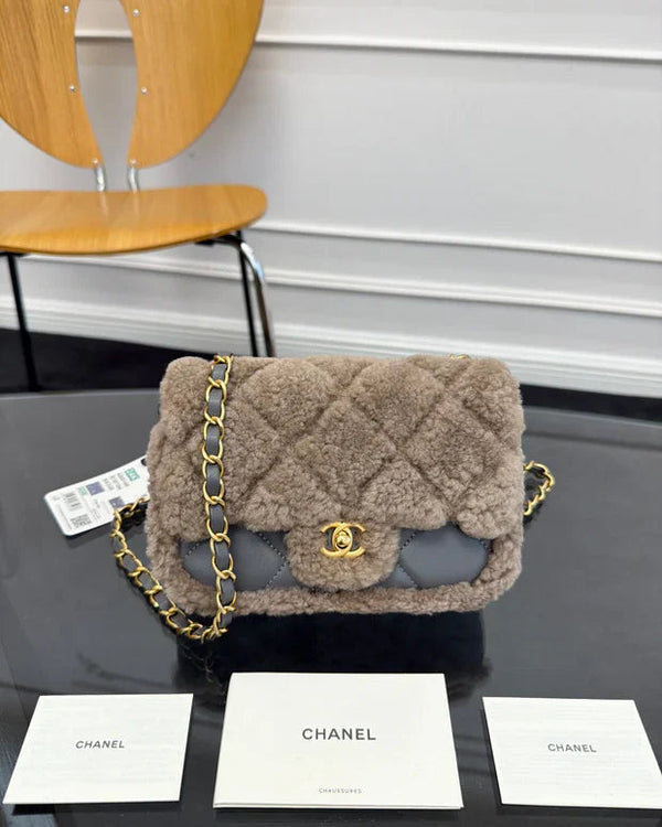 CC 2026 Flap Bag Grey Beige Shearling Leather