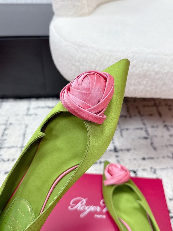 RV Rose Vivier Flower Slingback Flat Pink Green Satin 617284