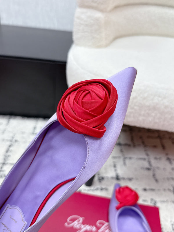 RV Rose Vivier Flower Slingback Flat Purple Red Satin 617287