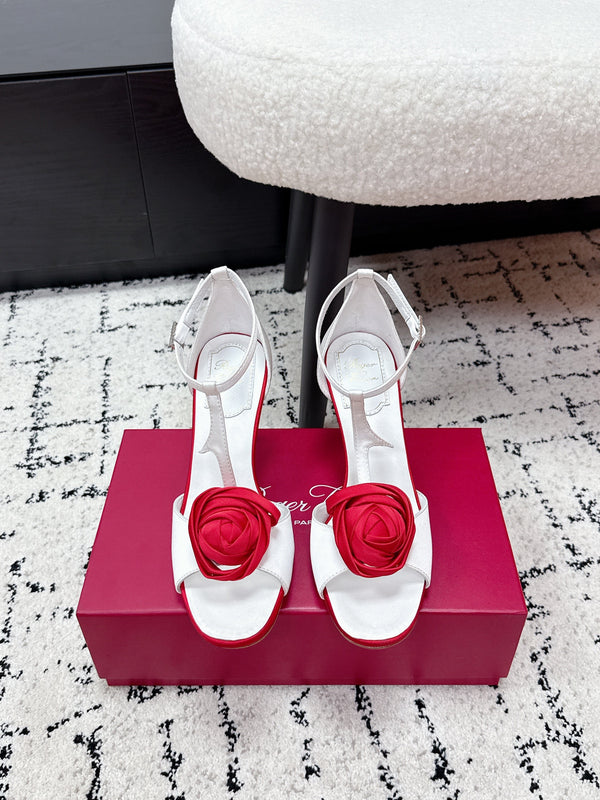 RV Rose Vivier Flower Sandal 10cm White Red Satin 617300